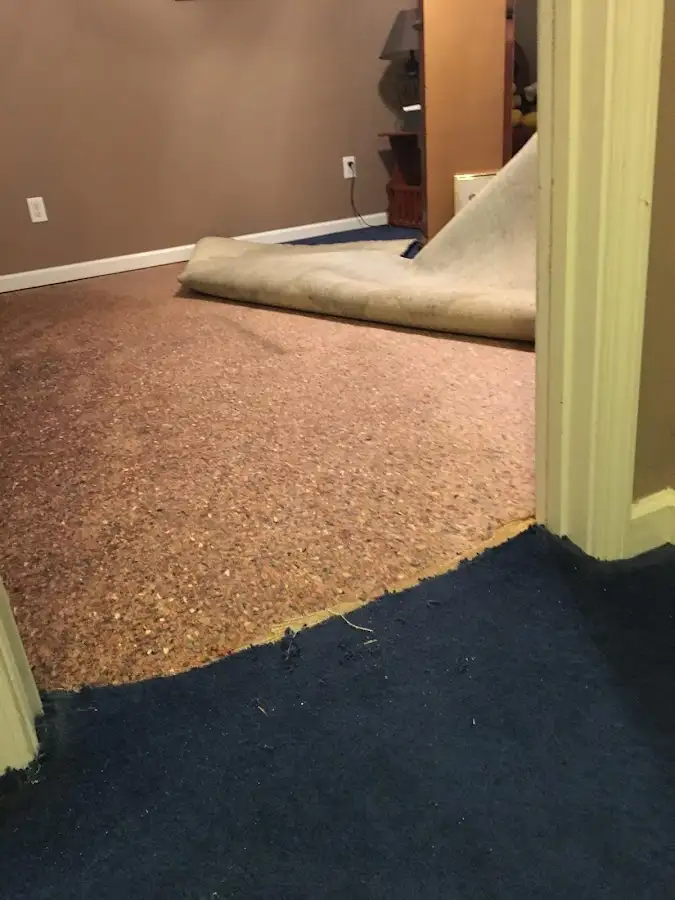 Carpet pad removal revealing water damage during Water Mitigation Services in Green Valley
